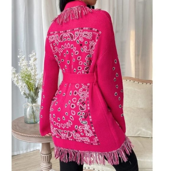 Fringe detailed Paisley belted Sweater Knit Cardigan Hot Pink - Picture 3 of 7